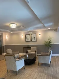 a living room with furniture and a potted plant