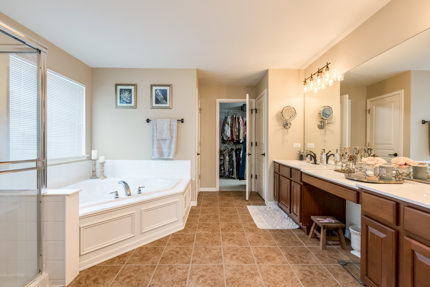 908 Blue Ridge Drive Streamwood, IL 60107 - Photo 27 of 48 a bathroom with a tub a sink and a large mirror