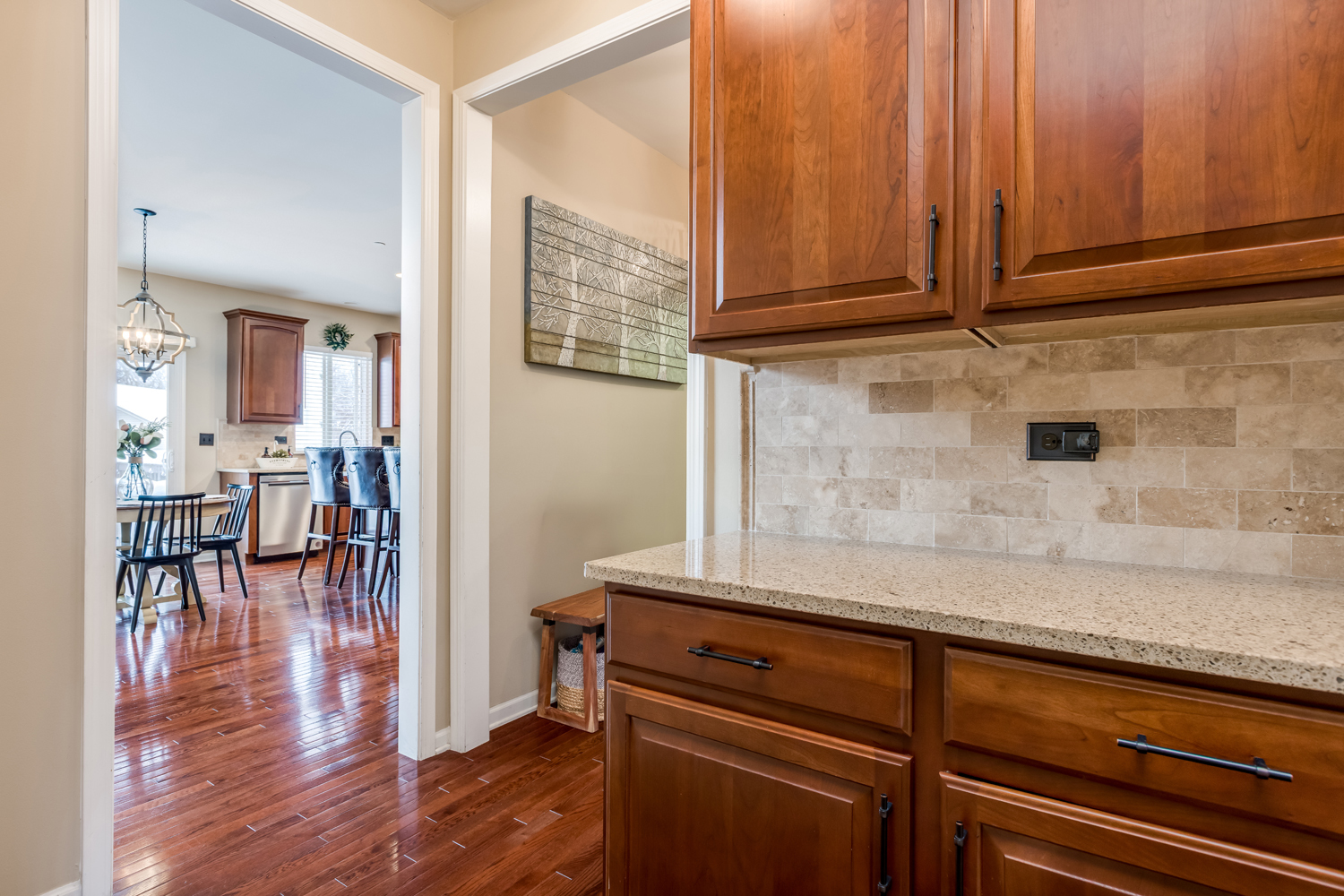 908 Blue Ridge Drive Streamwood, IL 60107 - Photo 9 of 48 a kitchen with granite countertop wooden cabinets and wooden floor
