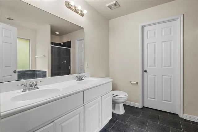 a bathroom with a double vanity sink toilet and a mirror