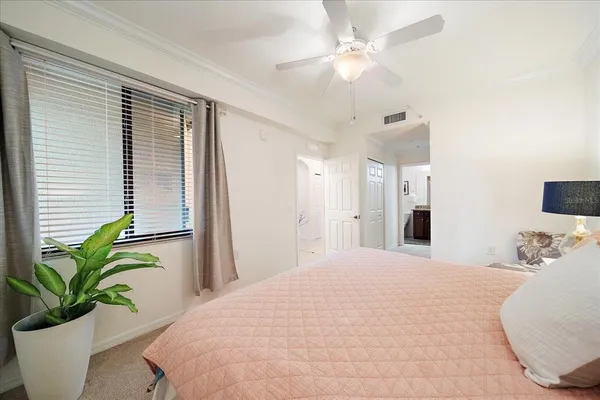 a bedroom with a large bed and a potted plant