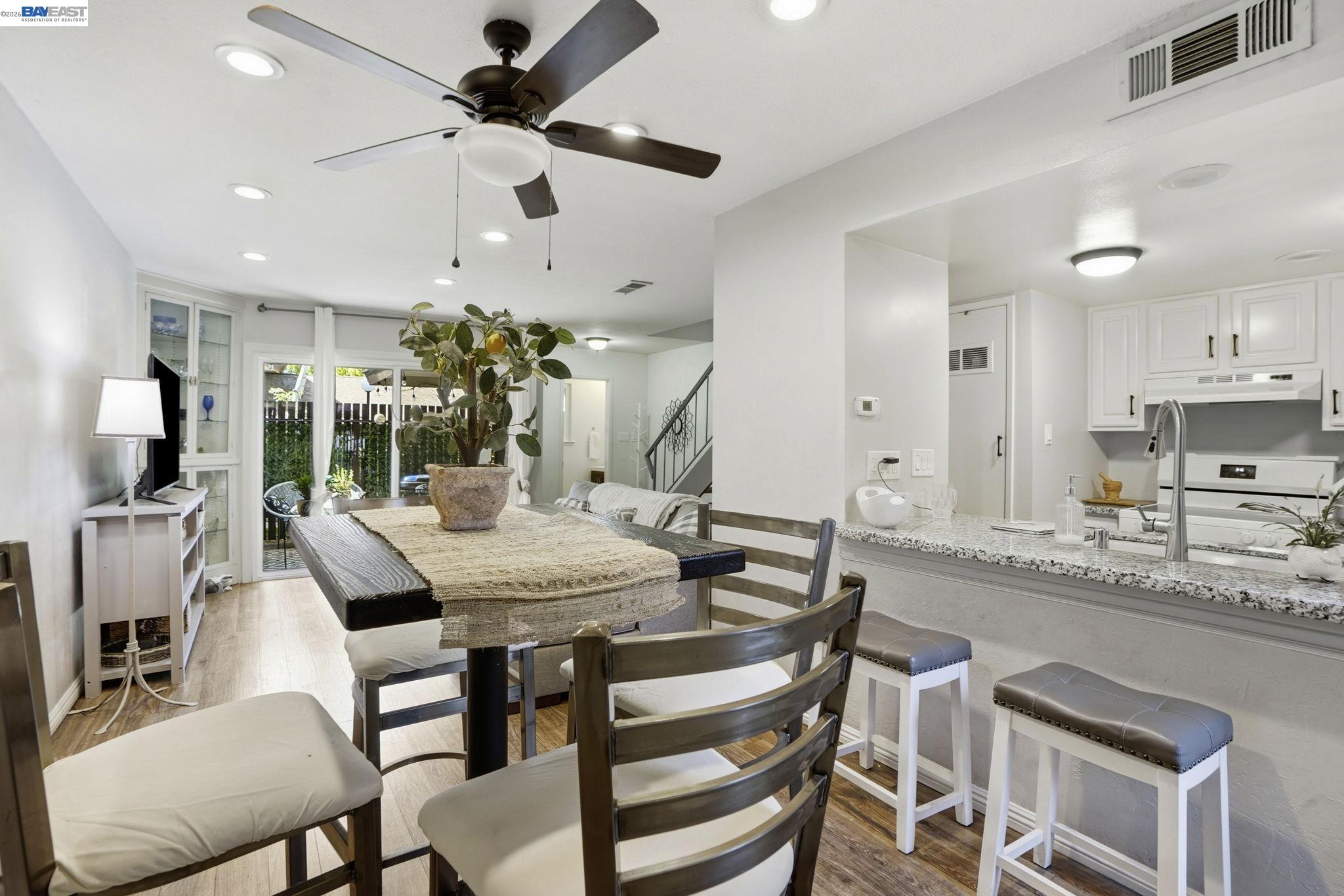 a view of a dining room with furniture
