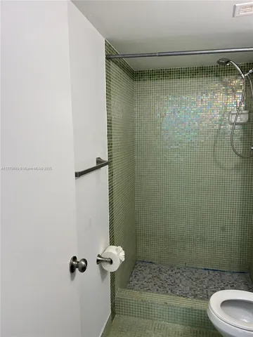 a bathroom with a shower and a toilet