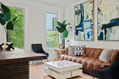 a living room with furniture and a potted plant