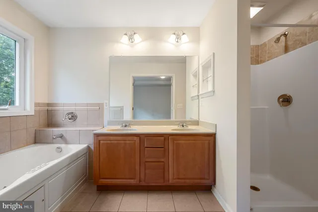 a bathroom with a tub sink and mirror