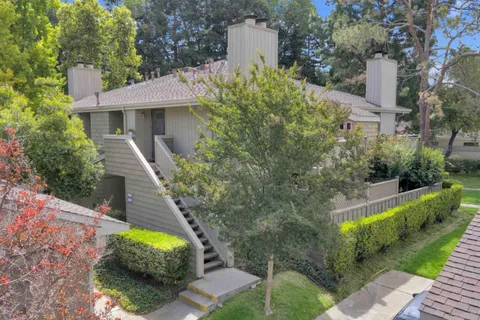 a view of a house with a yard and potted plants