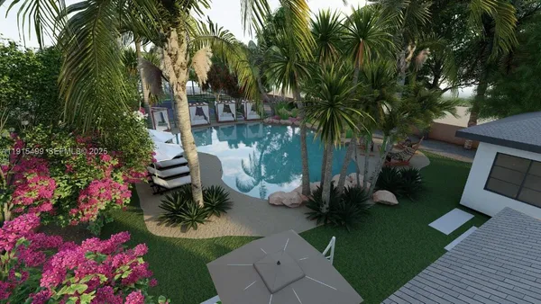 a view of a swimming pool with a dining table and chair