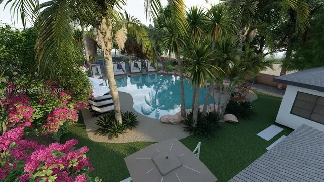 a view of a swimming pool with a dining table and chair