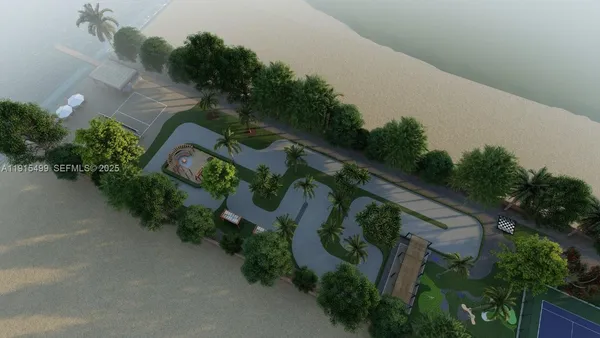 an aerial view of residential house with outdoor space and trees all around