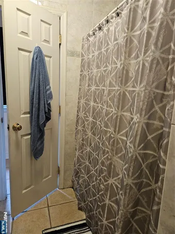 a bathroom with a shower and a toilet