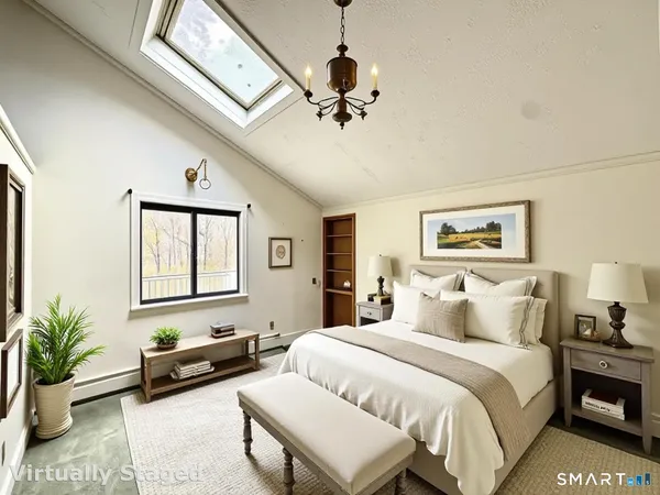 a bedroom with a large bed and a window