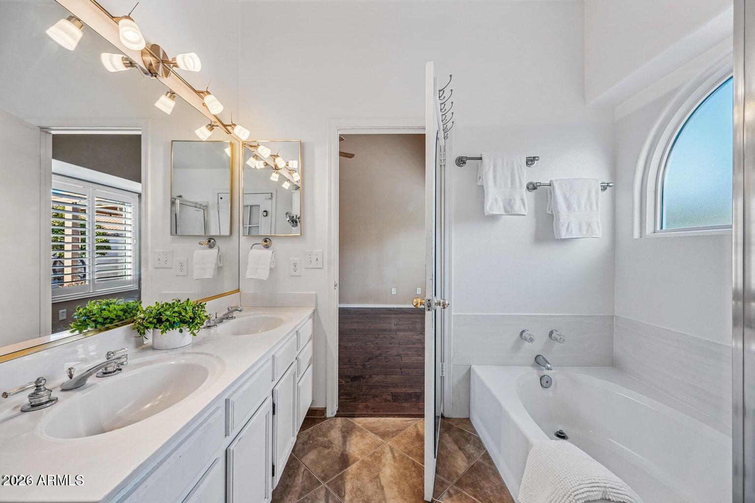 473 West Smoke Tree Road Gilbert, AZ 85233 - Photo 26 of 43 a bathroom with a granite countertop tub a sink and a large mirror