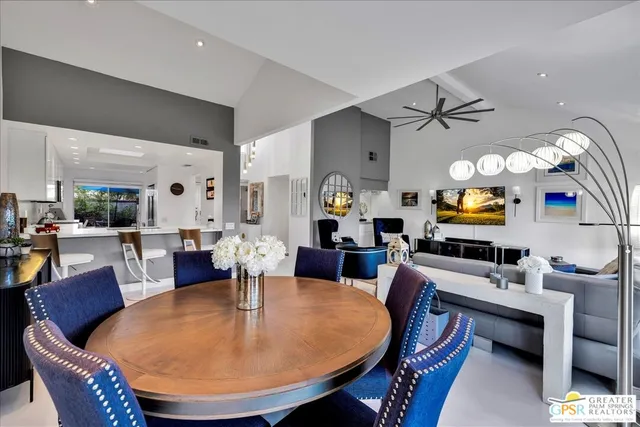 a view of a dining room with furniture
