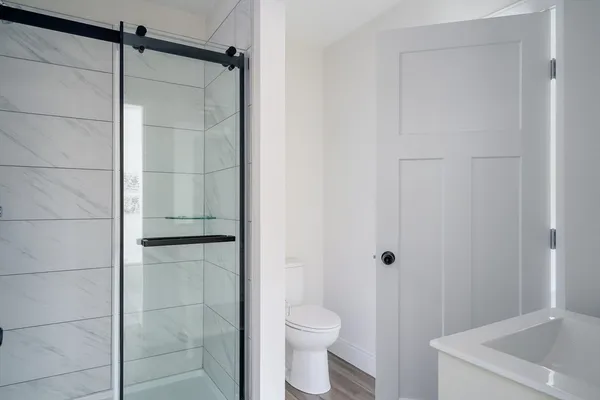 a bathroom with a shower and a toilet