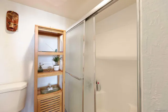 a bathroom with a shower and a toilet