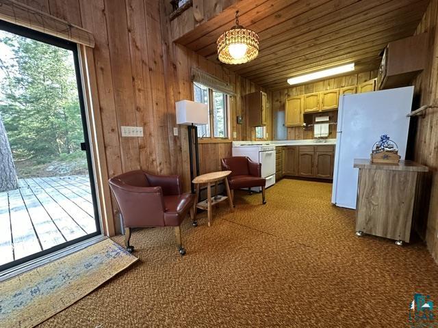 2763 Van Vac Road Ely, MN 55731 - Photo 8 of 37 Wood paneling throughout, featuring a kitchen space with wood cabinetry and white appliances, and a sliding glass door leading to an outdoor deck