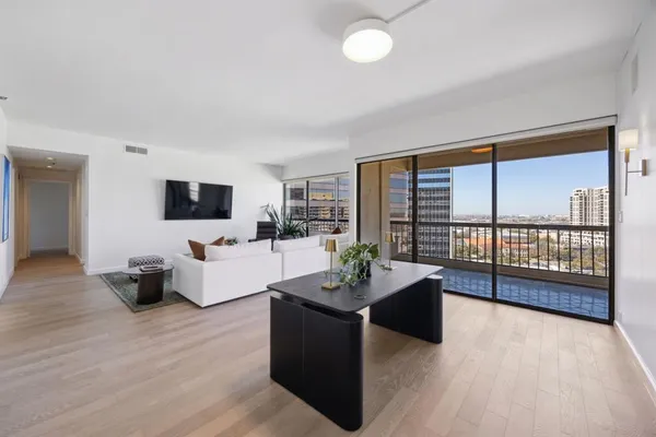 a living room with furniture potted plant and a flat screen tv