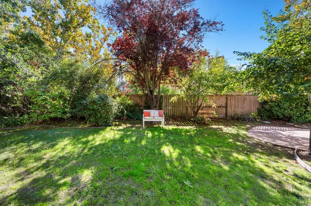 a backyard of a house with a swing and tree
