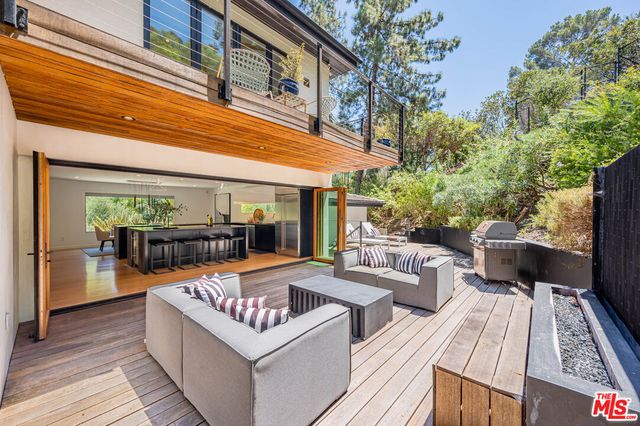 a view of a patio with couches and a potted plant on a table