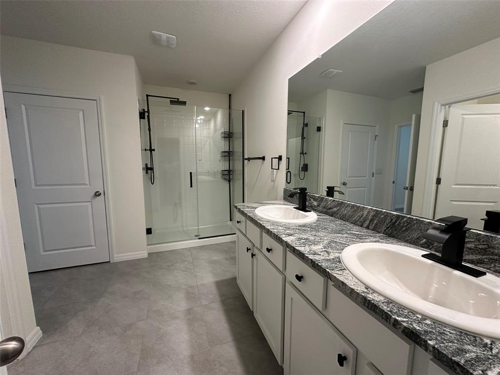 33762 Jasmine Star Loop Wesley Chapel, FL 33543 - Photo 18 of 27 a bathroom with a granite countertop double vanity sink mirror and shower