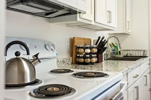 a kitchen with a sink a stove and cabinets