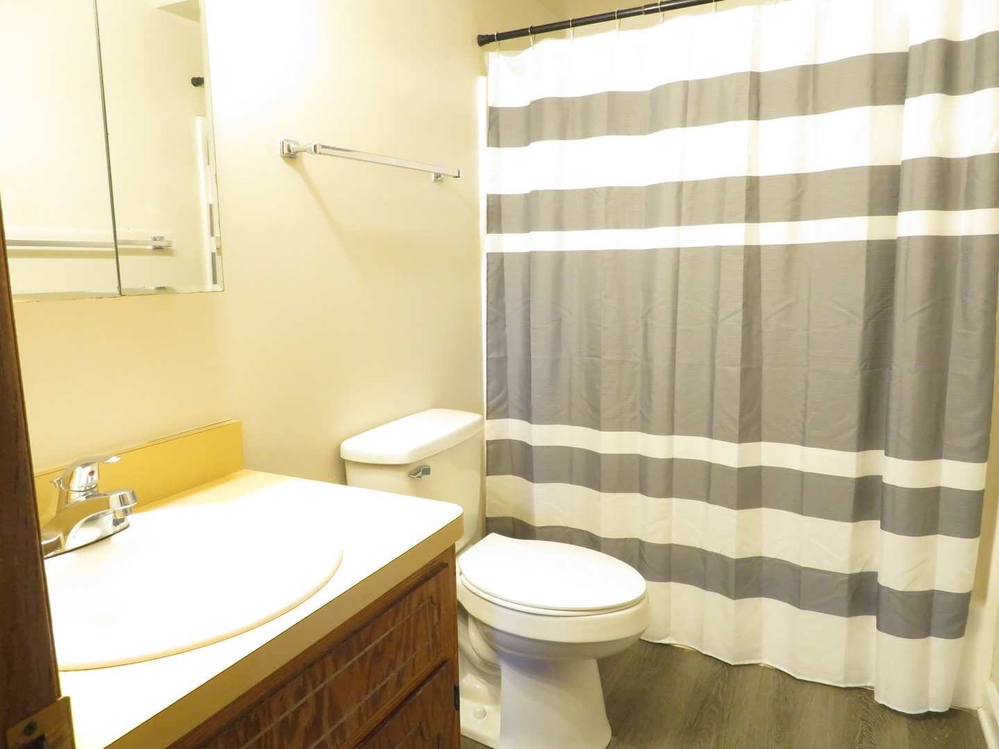 216 Madison Street, Unit 3C Joliet, IL 60435 - Photo 10 of 10 a bathroom with a sink a toilet a mirror and shower curtain