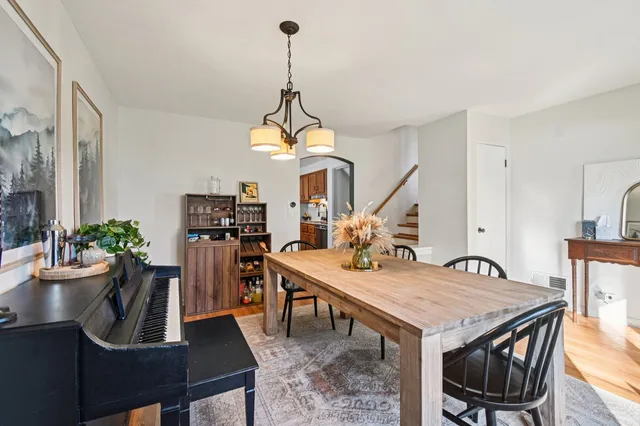 a view of a dining room with furniture