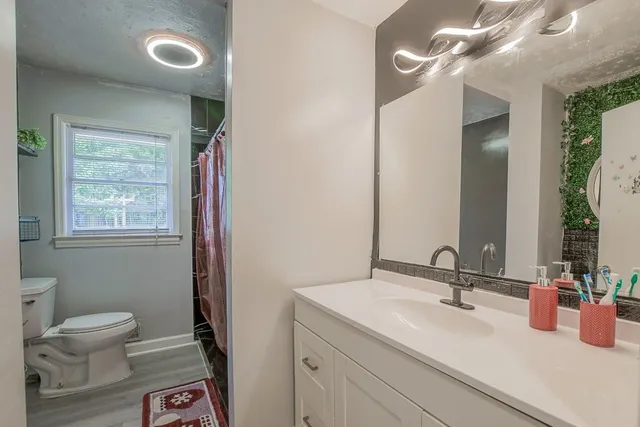 a bathroom with a toilet sink and mirror