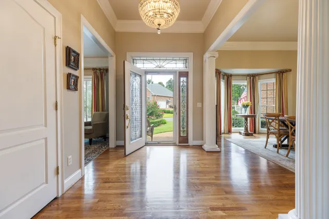 a view of a dining room with furniture
