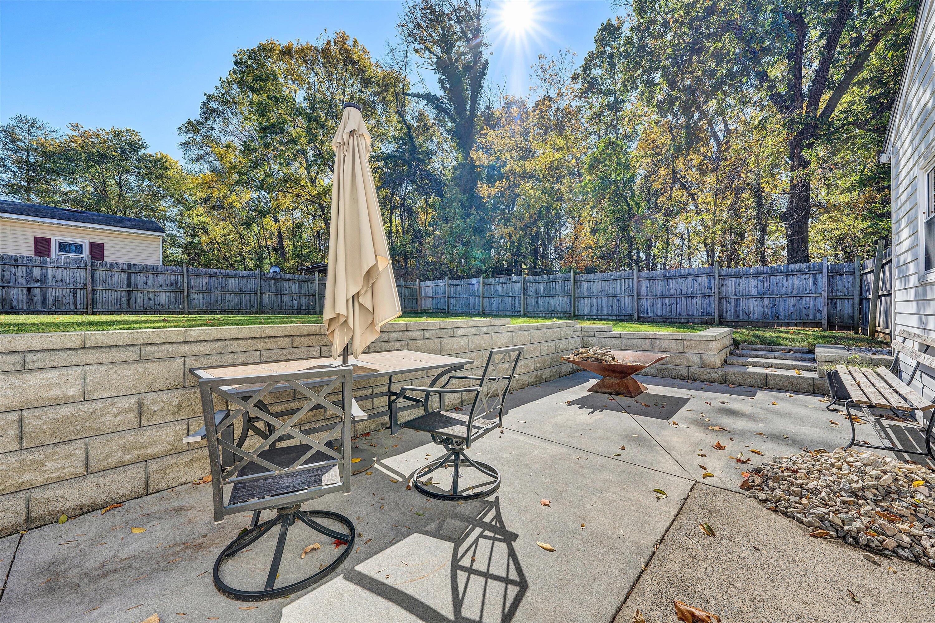 6836 Trevilian Road Roanoke, VA 24019 - Photo 34 of 47 a view of a patio with table and chairs with wooden fence and plants