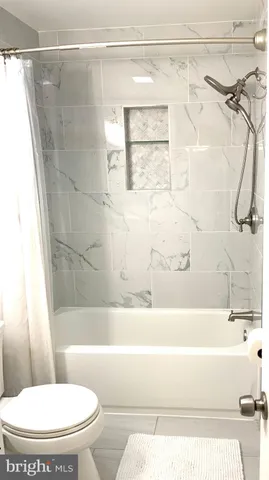 a bathroom with a bathtub and a toilet