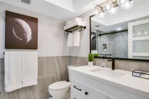 a bathroom with a sink a toilet and mirror