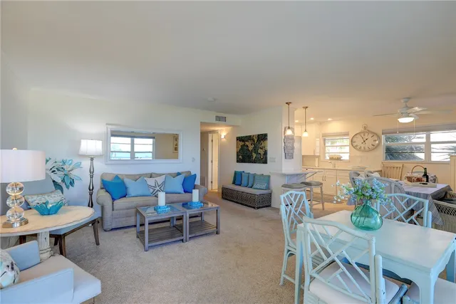 a view of a dining room with furniture