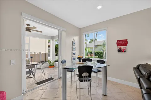 a view of a dining room with furniture window and outside view