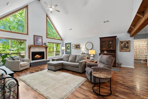 a lobby with furniture and rug
