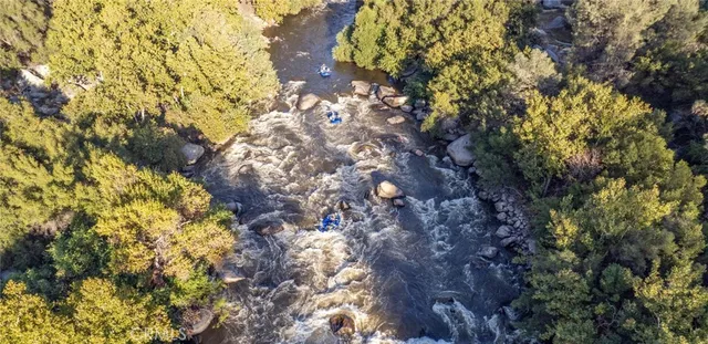 a view of a lake with boats and trees in the background