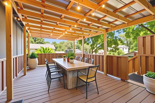 a view of a patio with table and chairs and wooden floor