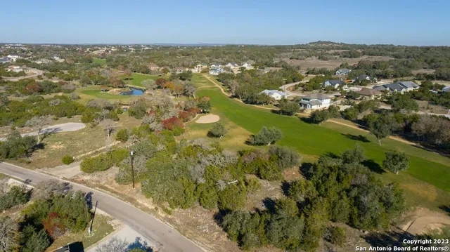 an aerial view of residential houses with outdoor space and trees