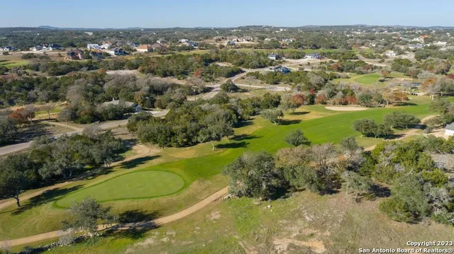 an aerial view of residential houses with outdoor space and trees