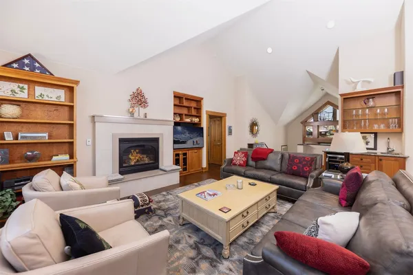 a living room with furniture a rug and a fireplace
