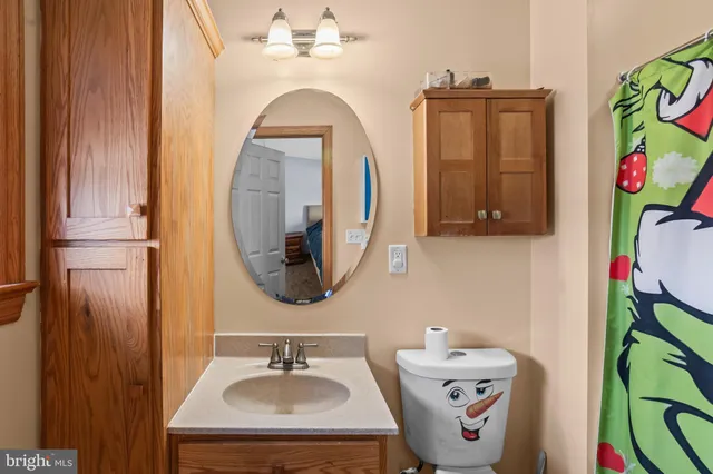 a bathroom with a sink mirror and vanity