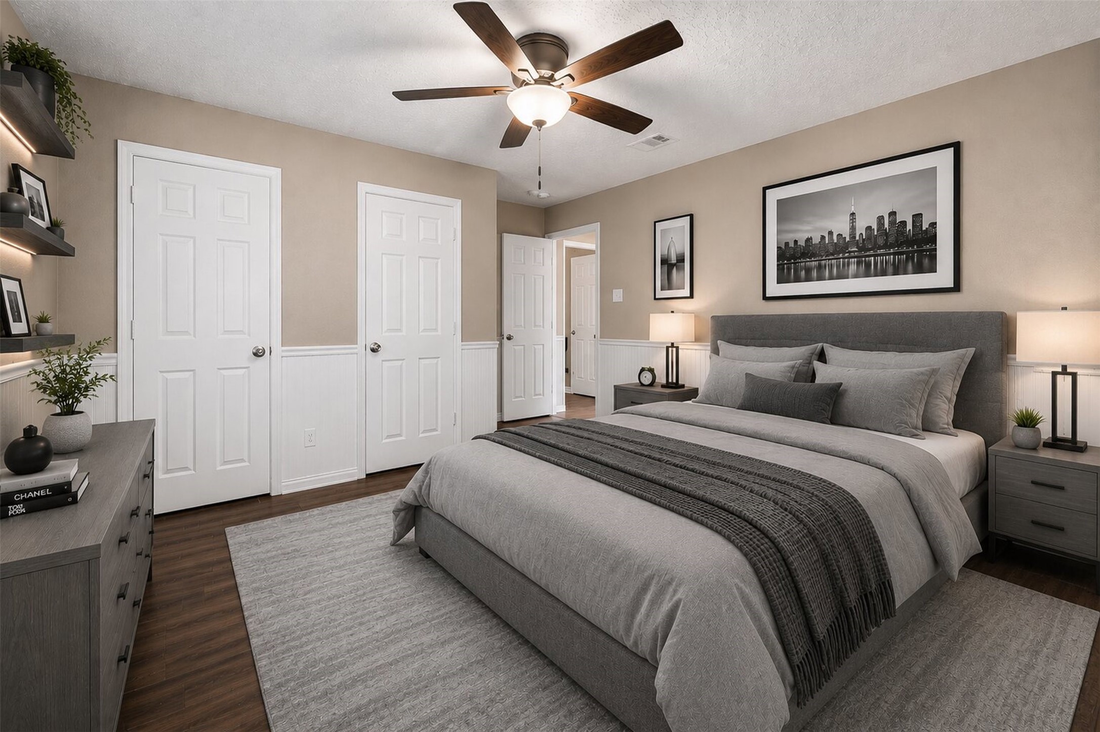 9418 Kilrenny Drive Spring, TX 77379 - Photo 14 of 47 a spacious bedroom with a bed and a chandelier