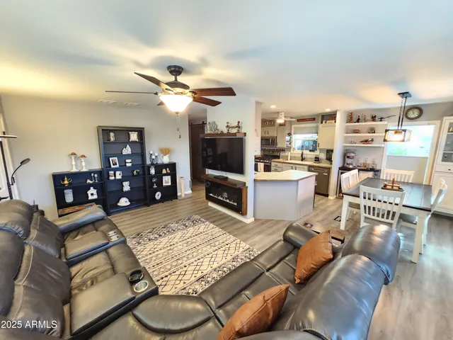 a view of a dining room with furniture