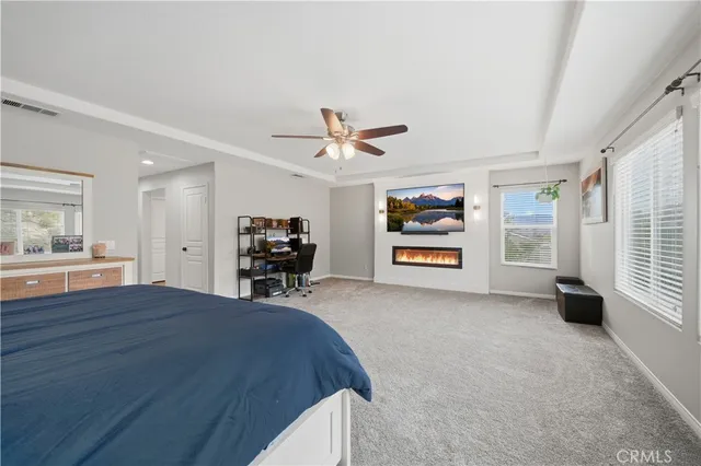 a bedroom with furniture and a ceiling fan