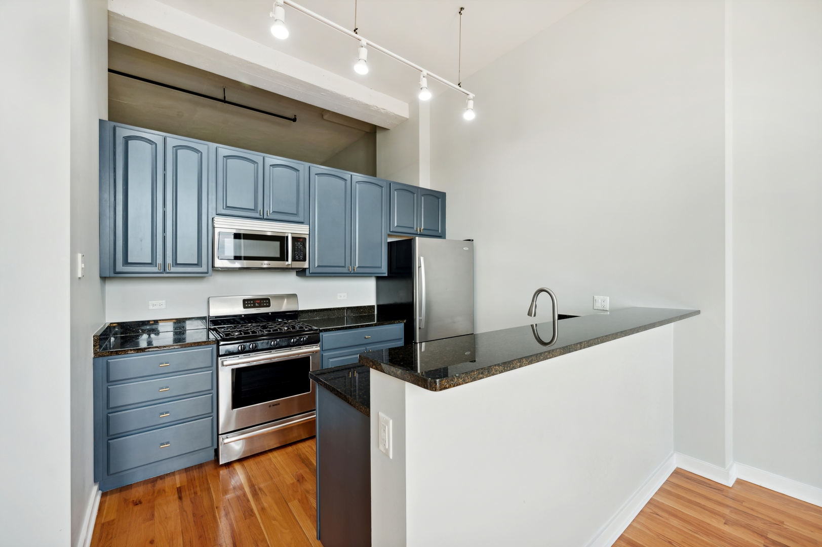 1224 West Van Buren Street, Unit 300 Chicago, IL 60607 - Photo 5 of 18 a kitchen with stainless steel appliances a stove sink microwave and cabinets