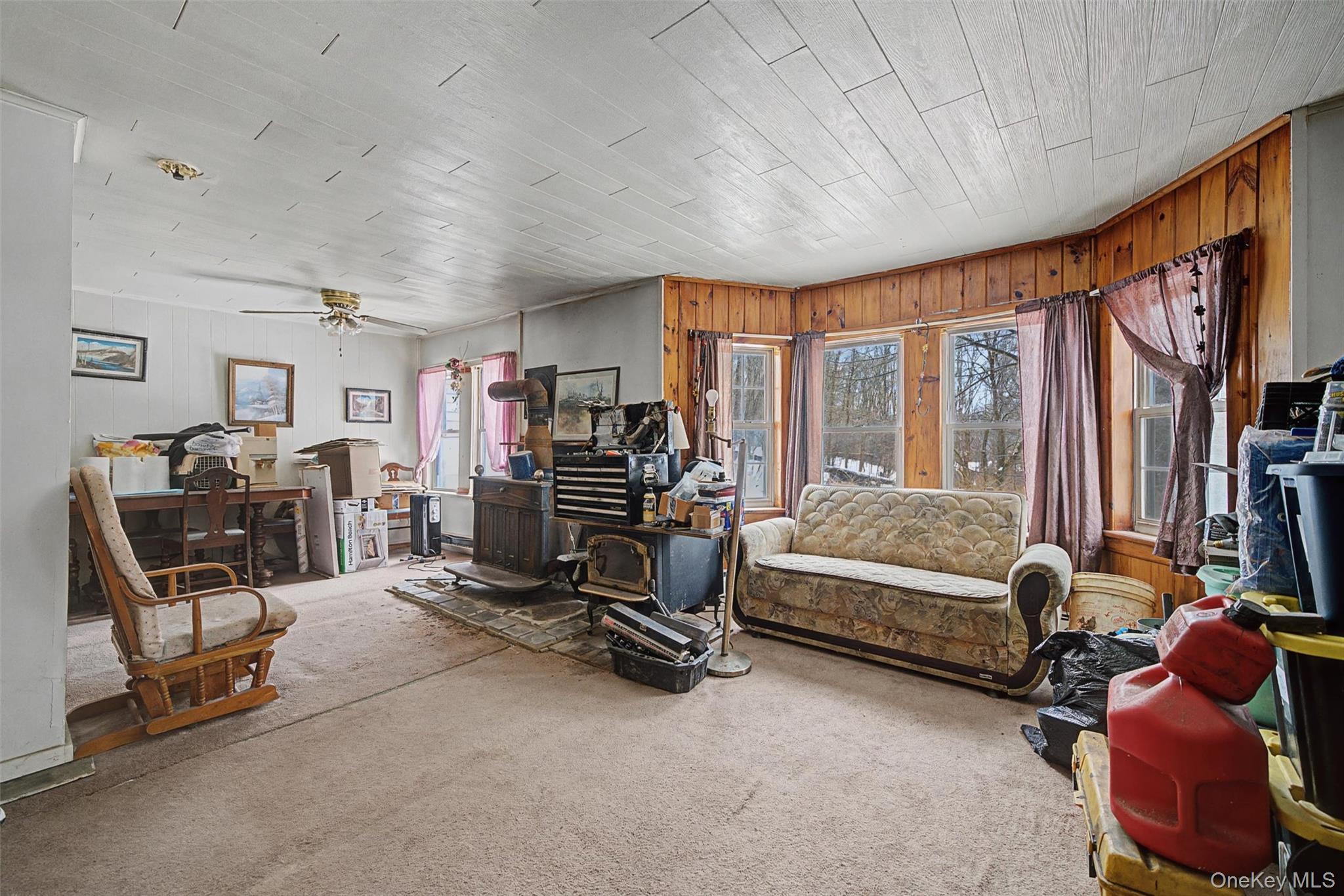 2 Station Hill Road, Unit 4 Ferndale, NY 12734 - Photo 8 of 25 Carpeted living area featuring wooden walls and a ceiling fan