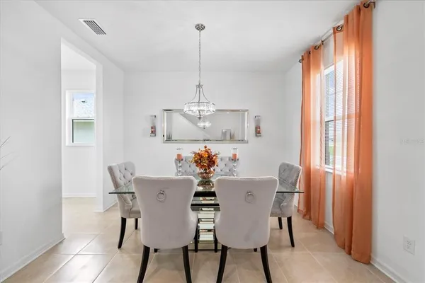 a view of a dining room with furniture window and outside view