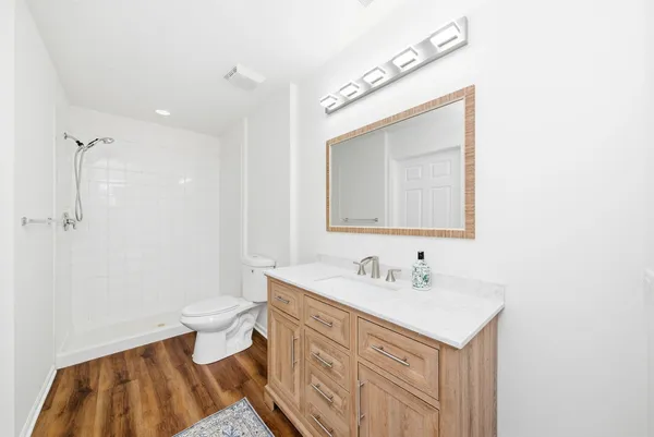 a bathroom with a sink toilet a mirror and vanity