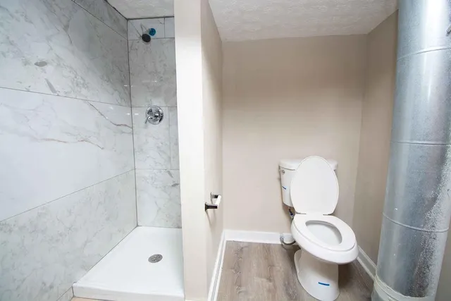 a bathroom with a toilet and a shower