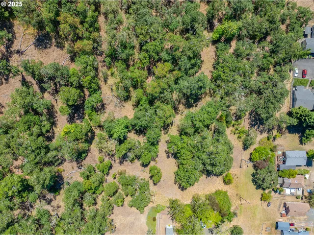 an aerial view of residential house with outdoor space and trees all around